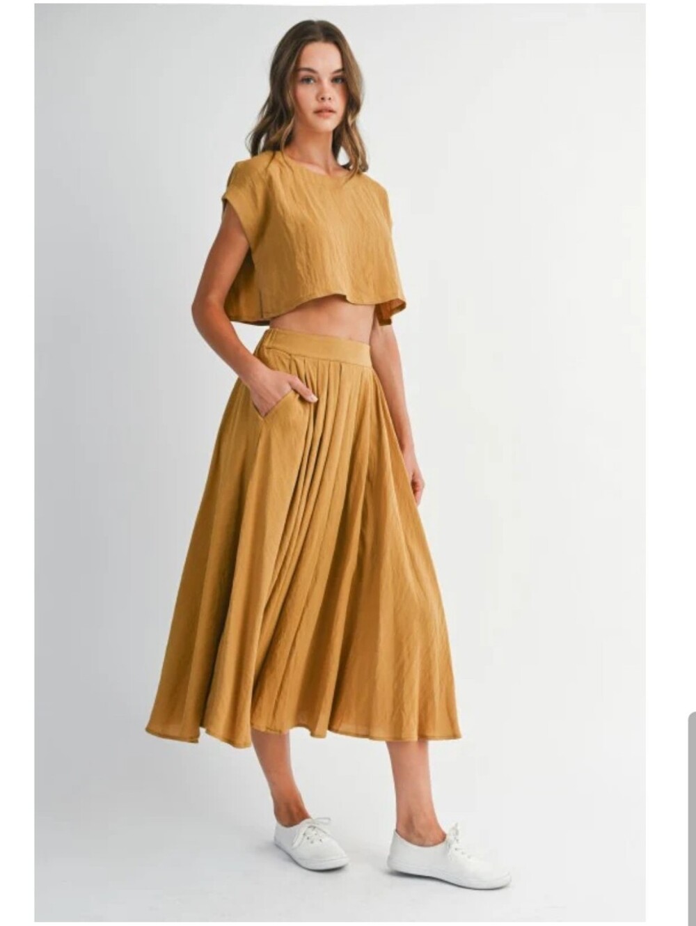MABLE Linen Blend Top & Pleated Midi Skirt Set Size ML